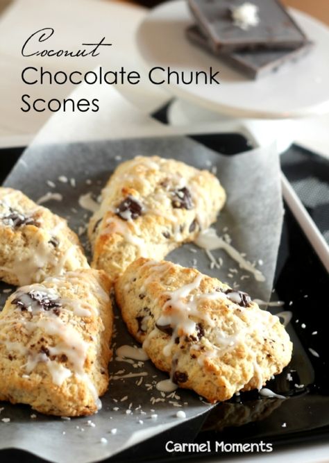 Coconut Chocolate Chunk Scones // gatherforbread.com Chocolate Chunk Scones, Coconut Scones, Coconut Banana Bread, Chocolate Chip Pie, Coconut Chocolate Chip Cookies, Chocolate Scones, Savory Scones, Coconut Oil Recipes, Coconut Chocolate