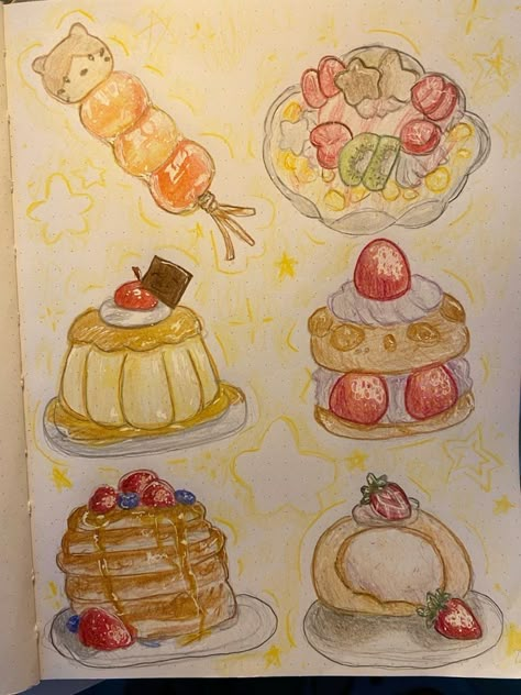 Cookie Drawing Aesthetic, Cute Food Sketches, Dessert Art Drawing, Cute Dessert Drawings, Dessert Doodles, Sweet Sketches, Food Drawing Sketches, Dessert Drawings, Drawings With Colored Pencils