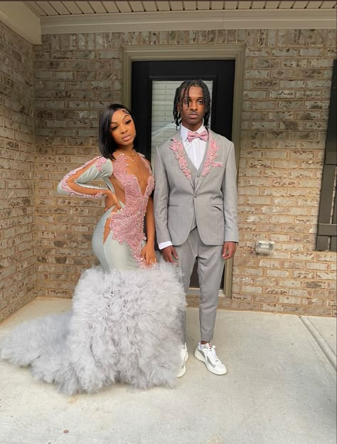 Pink Prom Couple, Grey Formal Dress, Gray Formal Dress, Prom Inspiration, Prom Couples, Gorgeous Prom Dresses, Prom Girl Dresses, Senior Prom Dresses, Dress Colors