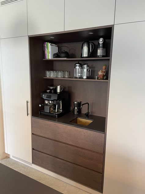 Pax Coffee Station, Caffe Station Bar Ideas, Built In Coffee Nook In Kitchen, Coffee Corner Interior Design, Kitchenette Ideas Mini Kitchen, Hidden Coffee Bar In Kitchen, Caffe Corner, Coffe Corners Design, Built In Coffee Station