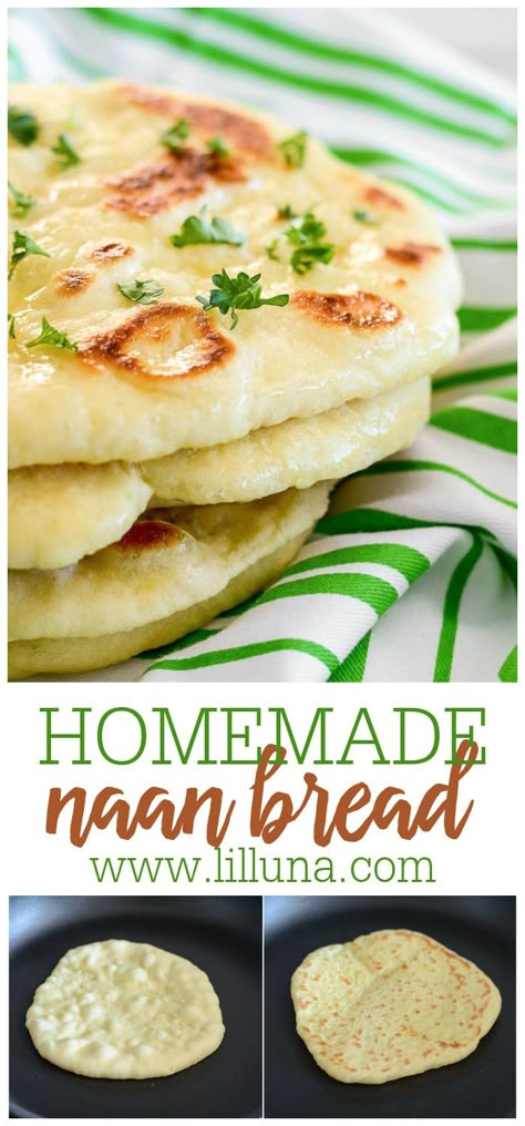 This homemade Naan Bread is soft, chewy, and simply delicious. You won't believe how easy it is to make and will want it as a side to every meal. #naan #naanbread #naanrecipe #bread Easy Homemade Naan, Easy Naan Recipe, Easy Naan, Pane Naan, Naan Bread Recipe, Homemade Naan, Indian Breads, Homemade Naan Bread, Recipes With Naan Bread