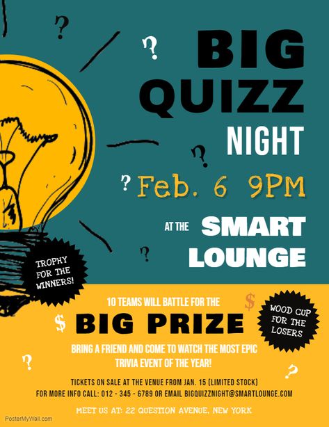 Big Quiz Night Event Poster Template Quiz Poster Design Ideas, Quiz Design Ideas, Event Announcement Poster Design, Announcement Poster Layout, Quiz Night Poster, Trivia Poster, Quiz Poster, Event Ads, Fundraising Poster