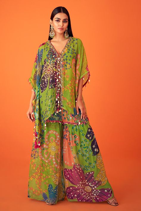 Shop for Taavare Green Organza Flower Print Flared Kaftan Sharara Set for Women Online at Aza Fashions Organza Kaftan, Kaftan Pattern, Sharara Pants, Kaftan For Women, Printed Kaftan, Printed Organza, Sharara Set, Traditional Attire, Organza Fabric