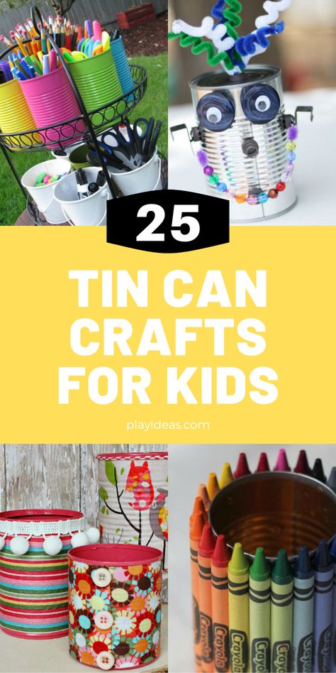 These 25 Recycled Tin Can Crafts For Kids are a blast for the whole family because they’re everything from fun decorations to interesting art pieces that you might not have ever thought up. You and your kids are going to have a blast with these! Enjoy! Find more at playideas.com. Recycled Tin Can Crafts Wind Chimes, Upcycling Ideas For Kids, Recycled Projects For School, Recycled Art For Kids, Crafts With Cans, Recycled Art Projects For Kids, Recycling Projects For School, Kids Crafts Recycled Materials, Recycled Crafts Kids Preschool