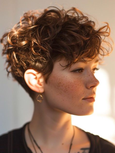 Curly Pixie Haircuts - Explore Styles for Every Face Shape and Curl Type Messy Curly Pixie Haircut, Curlie Pixie, Perm Pixie Haircut, Very Short Curly Hair Pixie, Pixie Curly Haircut, Pixie Curly Hair, Pixie Haircut Curly Hair, Curly Pixie Haircut, Micro Bangs