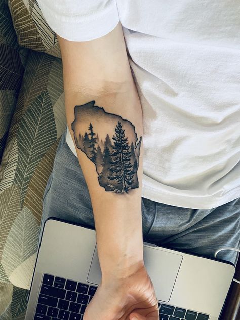 Wisconsin Inspired Tattoo, Northwoods Tattoo Ideas, Wisconsin Tattoo Ideas, Wisconsin Humor, Alaska Tattoos, State Tattoo Ideas, Wisconsin Tattoo, Hometown Tattoo, Las Vegas Tattoo