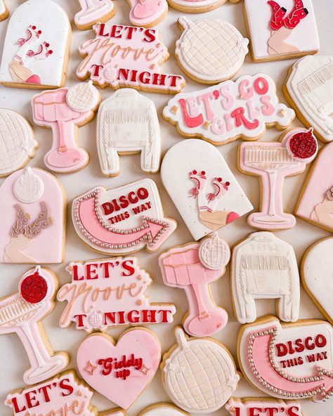 Disco Rodeo Cookies, Cherry Cookies Decorated, Disco Themed Cookies, Disco Bachelorette Cookies, Last Disco Cookies, Disco Sugar Cookies, Bachelorette Cookie Ideas, 21st Cookies, Nashville Cookies