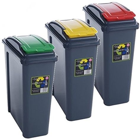 Pack of 3 Recycling Bins 25L 25 Litre Plastic Recycle Dust Bin Kitchen Garden (Red/ Green / Yellow): Amazon.co.uk: Kitchen & Home Indoor Recycling Bins, Plastic Waste Recycling, Recycling Bins Kitchen, Plastic Recycle, Recycled Kitchen, Bin Kitchen, Dust Bin, Litter Bin, Household Waste