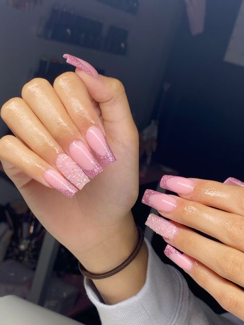 Pink Nails With Glitter And Rhinestones, Pink Nail Designs Ballerina, Sparkly Valentines Nails Pink Glitter, Pink Nails W Glitter, Pink Glitter Winter Nails, Pink Sparkly Ombre Nails, Sparkly Pink Valentines Nails, Baddie Nails Acrylic Pink Glitter, Pink Ombré Glitter Nails