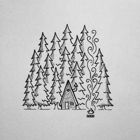 Sweet forest scene Arte Doodle, Forest Illustration, Camping Checklist, Cabin In The Woods, Beautiful Drawings, Pine Trees, Doodle Drawings, A Drawing, الرسومات اللطيفة