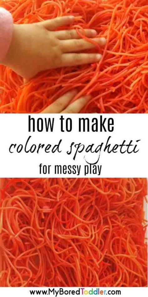 How to color spaghetti for messy play Bonfire Crafts, Toddler Messy Play, Rainbow Preschool, Messy Play Activities, Easy Indoor Activities, Colored Spaghetti, Sensory Bin Play, Halloween Activities For Toddlers, Toddler Sensory Bins