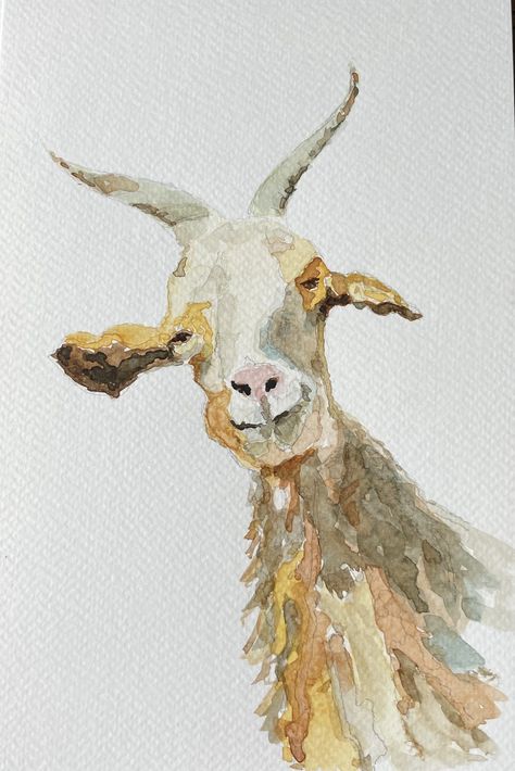 Goat Watercolor Painting, Watercolor Creatures, Bookmarker Ideas, Goat Watercolor, Watercolor Goat, Sheep Watercolor, Water Colour Ideas, Diy Watercolor Cards, Animal Watercolour