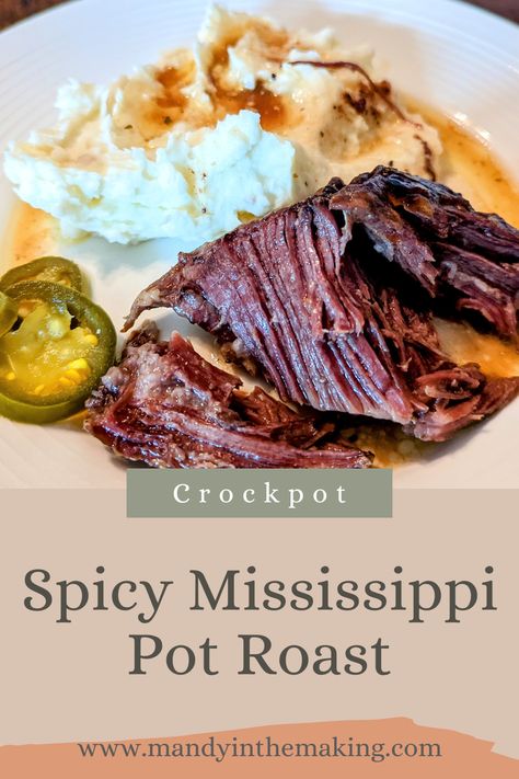 Spicy Mississippi Pot Roast — Mandy in the Making | Meals & More on YouTube Crockpot Mississippi Pot Roast, Crock Pot Mississippi Pot Roast, Mandy In The Making Recipes, Mandy In The Making, Mississippi Pot, Au Jus Gravy, Riced Veggies, Brown Gravy Mix, Crockpot Meal