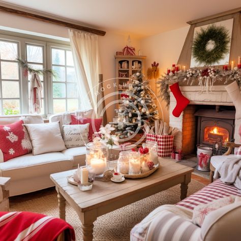 This wonderful Christmas Living Room stock image/ multi-use mockup photo features a French Country Cottage aesthetic with red & white decor. Vibe: French Country, Cozy, Warm, Country, Classic, Pretty, Cottagecore, Festive, Christmas, Holiday THIS IMAGE IS ALSO AVAILABLE IN THESE BUNDLES: + Our 'Full House' French Country Christmas Cottage Red & White Bundle of 72 images:  https://www.etsy.com/listing/1583246551/christmas-decor-mockup-bundle-set-of-72  + Our bundle of 12 French Country Christmas Cottage Red & White Living Rooms here: https://www.etsy.com/listing/1583317157/holiday-mockup-photo-bundle-set-of-12 The perfect vessel to showcase your brand! Our mockups/stock images are simple to use - just add your graphic, make any edits you need for the most realistic aesthetic (add a drop sha Xmas Living Room Decor, Christmas Cottage Decor, French Country Cottage Christmas, Red White Decor, Country Cottage Living Room, Holiday Living Room, Aesthetic Holiday, French Country Christmas, Christmas Stock Photos