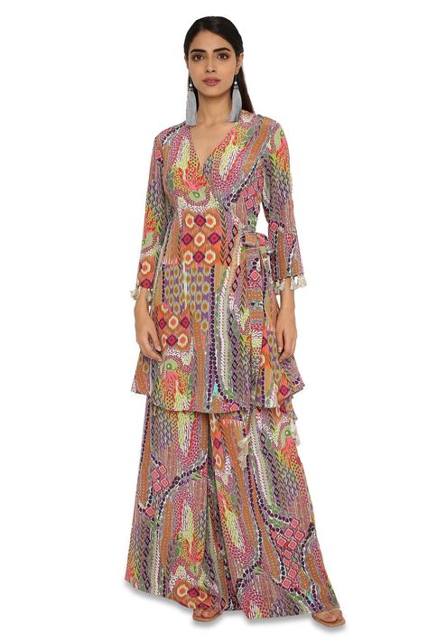 Buy Payal Singhal Multi Color Crepe African Print Tunic And Palazzo Set Online | Aza Fashions Crepe Tops For Women, Top With Palazzo, Overlap Top, Velvet Suit Design, Wine Colour, Payal Singhal, Latest Dress Design, Ankara Gown Styles, Tunic Designs