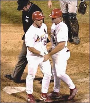 Borderline Hall of Fame Candidate Jim Edmonds shows the rookie he's proud of the way he's been catching on. F Men, Funny Sports Pictures, Athletic Supporter, Baseball Guys, Baseball Humor, Sports Pictures, Men In Uniform, Sports Photos, Athletic Men