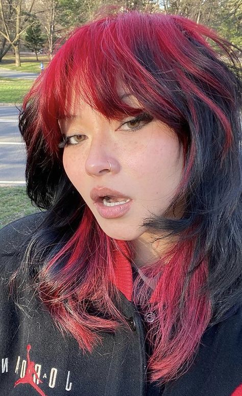 Colored Fringe Hair, Black And Red Shag Hair, Red Dyed Roots On Black Hair, Alt Hair Colors Ideas, Red Dyed Hair Aesthetic, Wolfcut With Red Highlights, Red And Black Mullet, Black And Red Wolf Cut, Red And Black Wolf Cut