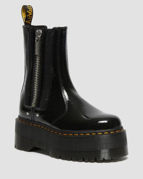 Shop 2976 Max Distressed Patent Chelsea Platform Boots at Dr. Martens. Free delivery on orders over $50 Chelsea Platform Boots, Black Dr Martens, Platform Chelsea Boots, Black Platform Boots, Boots Uk, Goodyear Welt, Chelsea Boot, Platform Boots, Shoe Game