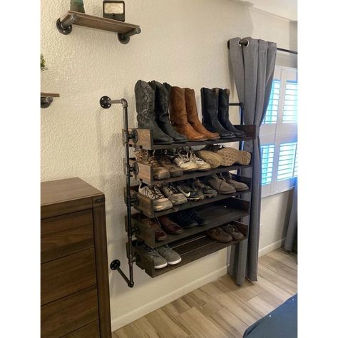 Pipe Shoe Rack, Mounted Shoe Rack, Wall Mounted Shoe Rack, Western Bedroom Decor, Western Rooms, Western Bedroom, Closet Remodel, Shoe Racks, Western Home Decor