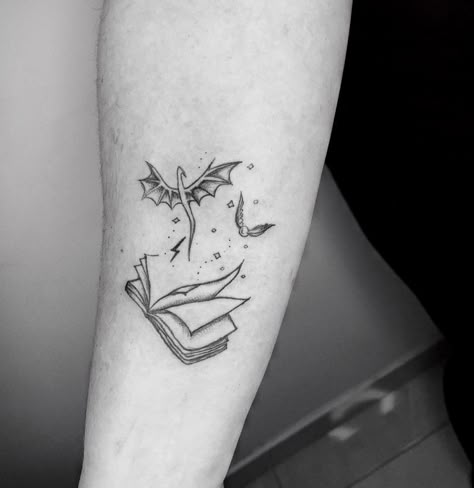 #dragon #tattoo #book #harrypotter Harry Potter Dragon Tattoo, Book Dragon Tattoo, Matching Harry Potter Tattoos, Bookworm Tattoo, Book Inspired Tattoos, Book Lover Tattoo, Harry Potter Dragon, Always Tattoo, Small Dragon Tattoos