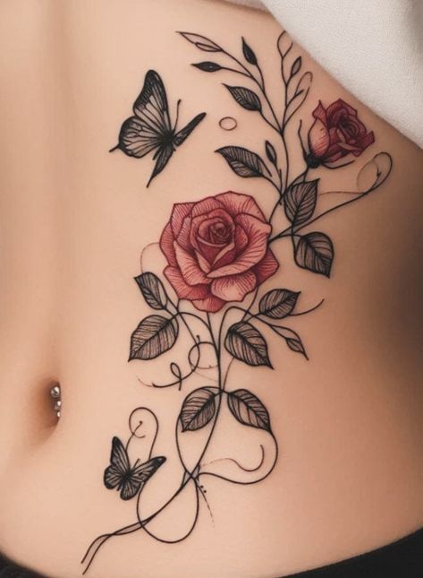 Under Belly Button Tattoo, Side Hip Tattoos Women, Rose Tattoo On Thigh, Tattoo Pierna Mujer, Shhh Tattoo, Deadpool Birthday, Glow Tattoo, Side Hip Tattoos, Floral Thigh Tattoos