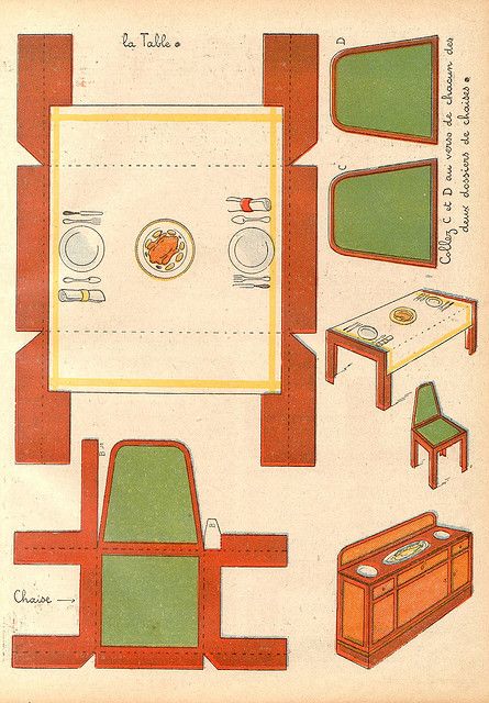 Buffet, Table, & Chairs Template #2 ~ c/o Patricia M on Flickr. Paper Furniture, Paper Decoupage, Paper Toys Template, Dollhouse Printables, Paper Doll House, Diy Doll Miniatures, Miniature Printables, Miniature Projects, Paper Toy