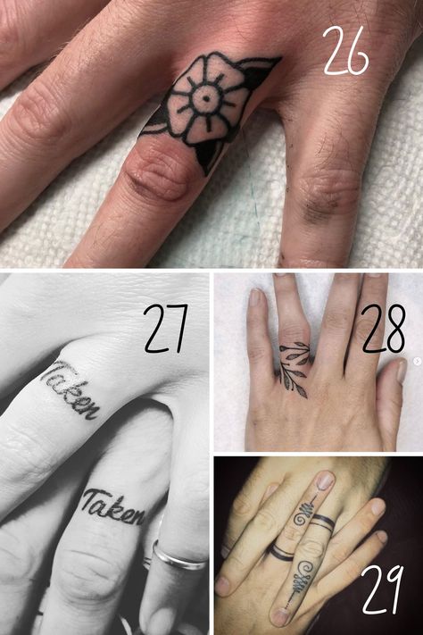 39 Wedding Band Tattoo Ideas (Instead Of A Ring!) - Tattoo Glee Wedding Band Tattoo For Her Floral, Sun And Moon Ring Finger Tattoo, Matching Wedding Tattoos Fingers, Engagement Ring Tattoos, Geometric Ring Tattoo, Ring Finger Tattoo Cover Up, Ring Tattoos For Women, Wedding Band Tattoo Ideas, Wedding Ring Tattoo For Men