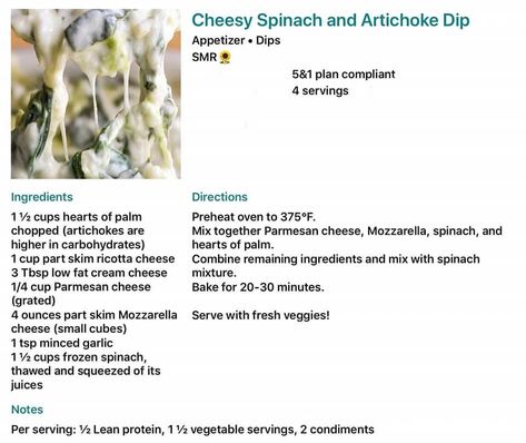 Spinach Dip Appetizers, Lean Dinners, Ricotta Dip, Lean Protein Meals, Spinach And Artichoke Dip, Cheesy Spinach, Lean And Green, Artichoke Recipes, Lean And Green Meals