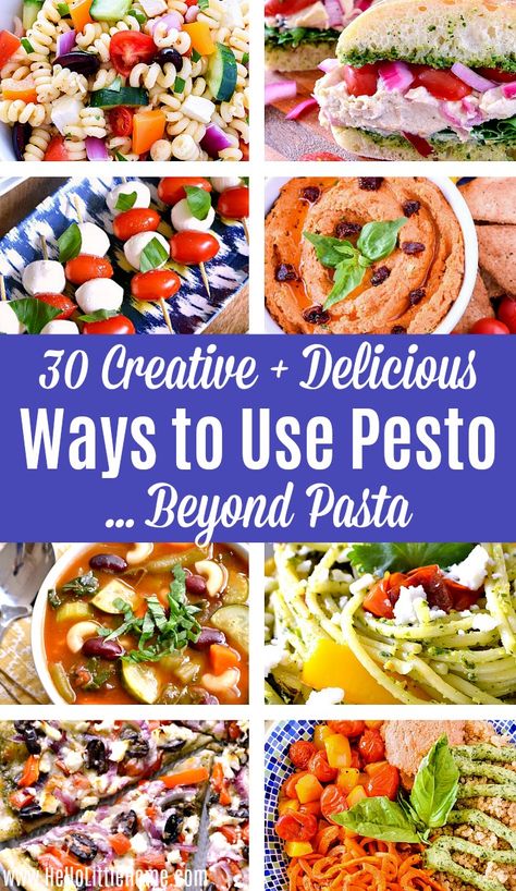 Wondering how to use Pesto Sauce? Learn how to make Pesto get over 30 Pesto Recipe Ideas that go beyond pasta! Tons of ideas for cooking with Pesto: appetizers, soups, salads, main dishes, and more! Your whole family will love these healthy, vegetarian friendly recipes using Pesto. Find ways to use Pesto for breakfast, lunch, dinner, and beyond! | Hello Little Home #pesto #pestorecipe #pestosauce #vegetarian #vegetarianfood #vegetarianrecipes #plantbased #plantbasedrecipes #basil #basilpesto Pesto Recipes Healthy, Ways To Use Pesto, Veggie Recipes Breakfast, Pistou Recipe, Recipes Using Pesto, Pesto Appetizers, Pesto Uses, Pesto Dishes, Ideas For Cooking