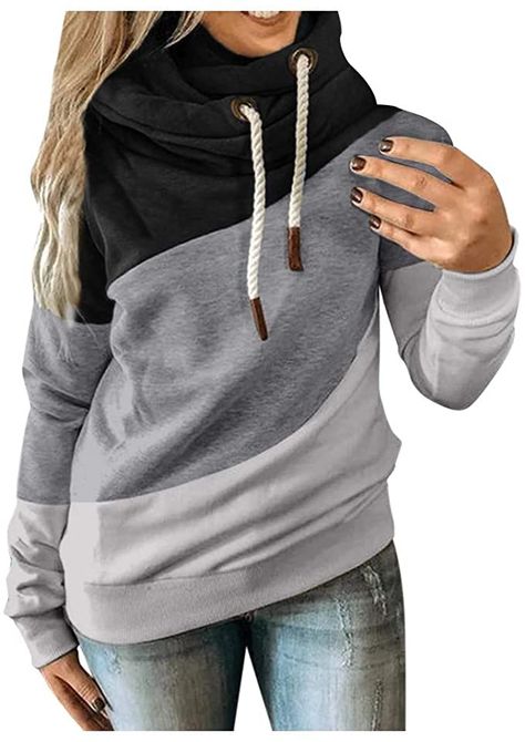 Wocachi Hoodies For Women, Cowl Neck Color Block Patchwork Fall Hoodie Sweatshirts Warm Basic Womens Hoodie Pullover at Amazon Women’s Clothing store Loose Hoodie, Striped Tunic, Tunic Sweatshirt, Estilo Chic, Hoodie Coat, Neck Hoodie, Hoodie Pullover, Blouse Shirt, Look Casual