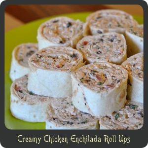 Creamy Chicken Enchilada Rollups—Great party appetizer! Easy to make ahead of time and travels great! Chicken Enchilada Roll Ups, Enchilada Roll Ups, Creamy Chicken Enchiladas, Chicken Enchilada, Tortilla Wraps, Finger Food Appetizers, Roll Ups, Chicken Enchiladas, Party Food Appetizers