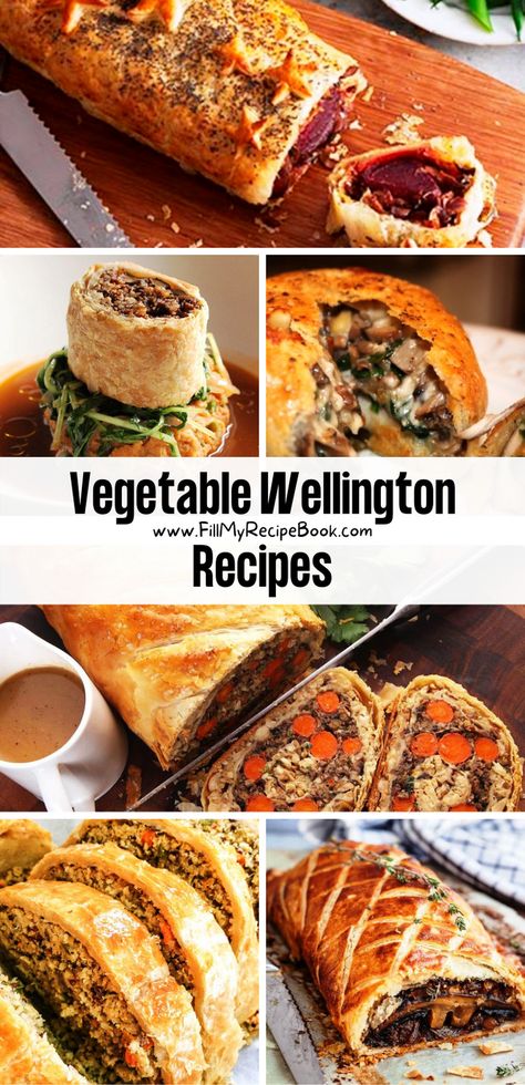 we share a few different vegetable wellington recipe ideas to create with puff pastry or other dough, various types of fillings to bake for a meal, vegetarians will love these. Vegetable Wellington Puff Pastries, Vegetarian Wellington Christmas, Vegetable Wellington Recipe, Vegetarian Beef Wellington, Vegetable Terrine Fine Dining, Vegetarian Wellington Recipe, Leek Wellington, Vegan Wellington Recipe, Vegetarian Puff Pastry Recipes