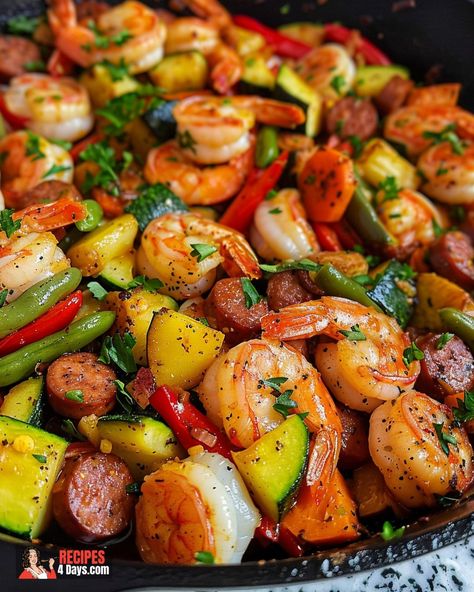 Shrimp and Sausage Veggie Skillet Healthy Shrimp And Sausage Recipes, Shrimp And Mixed Vegetables, Shrimp And Turkey Sausage Recipes, Shrimp And Sausage Stir Fry, Shrimp And Vegetables Recipes, Vegetable Skillet Recipes, Healthy Shrimp Recipes Dinner, Sausage And Veggies Skillet, Shrimp And Sausage Sheet Pan