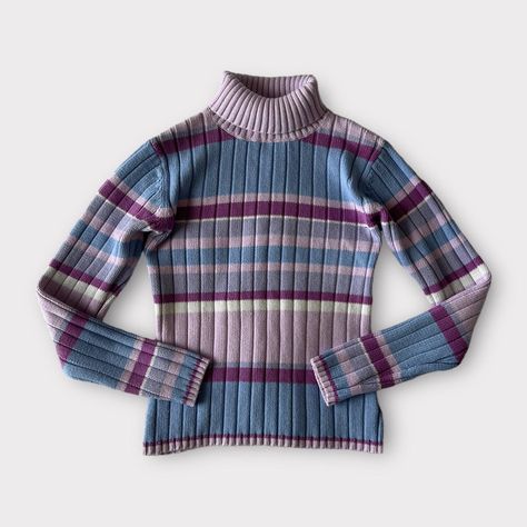 Vintage stripe turtleneck / roll neck jumper... - Depop Colorful Turtleneck Outfit, 80s Jumper, Vintage Striped Sweater, Turtleneck Sweater Outfit, Turtleneck Outfits, Purple Turtleneck, Striped Turtleneck Sweater, Girls Turtleneck, Turtleneck Outfit