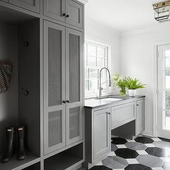 Gray Mudroom, Transitional Laundry Room, Built In Lockers, Mudroom Cabinets, Mudroom Lockers, Traditional Colonial, Vanity Design, Laundry Mud Room, Laundry Room Organization