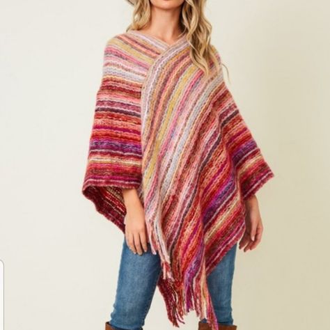 Size:One Size Fits Most(2) Shades Of Pink And Gray Color Nwt This Soft, 100% Acrylic Knit Poncho With Pink And Multicolor Stripes That Artfully Swirl Around The Body. Light, Warm And Finished With Fringe, This Poncho Makes An Excellent Layering Piece. 36" L X 38" W Fringe: 5" L This Item Has Been Made With Fibers That Are Soft To The Touch. 100% Acrylic Boho Poncho, Fluffy Yarn, Fringed Poncho, Poncho Style, Poncho Sweater, Knitted Poncho, Sweater Material, Softest Sweater, Pink Stripes