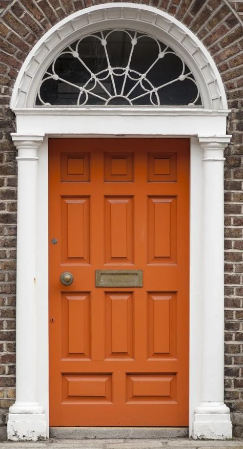 Orange Front Door, Orange Front Doors, Large Entryway, Best Front Doors, Orange Door, Painted Front Doors, Front Door Colors, House Paint Exterior, Updating House