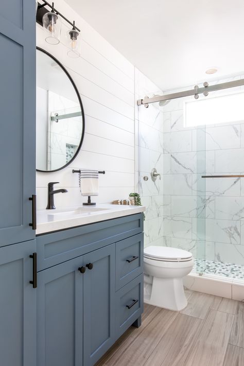 Coastal Farmhouse Bathroom - Transitional - Bathroom - San Diego - by Nestorations | Houzz Tile Ideas Bathroom, Coastal Farmhouse Bathroom, Modern Coastal Bathroom, Small Master Bath, Small Full Bathroom, Farmhouse Bathroom Remodel, Full Bathroom Remodel, Bathroom Tile Ideas, Great Bathrooms