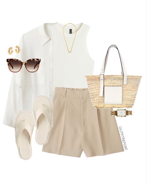 White T Shorts Outfit, White Big Shirt Outfit, Beige Top Outfit Summer, Summer London Outfits Street Style, Tailored Shorts Outfit Summer, White Tailored Shorts Outfit, Beige Shorts Outfit Summer, How To Style White Shorts, White Shirt And Shorts Outfit