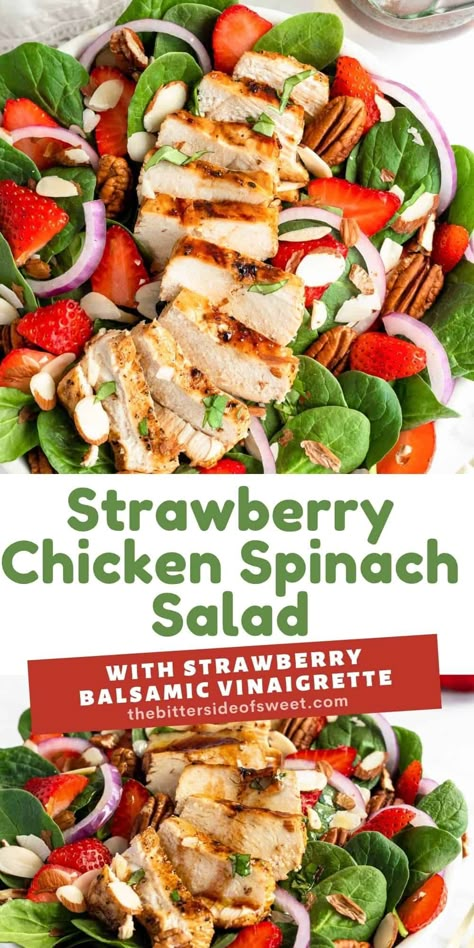 This easy Strawberry Chicken Spinach Salad is a delicious, complete meal! With marinated chicken, strawberries and a homemade vinaigrette! | The Bitter Side of Sweet Chicken Spinach Salad, Strawberry Chicken, Strawberry Chicken Salad, Spinach Salad With Chicken, Salad Spinach, Homemade Vinaigrette, Salad With Chicken, Spinach Salad Recipes, Chicken Spinach