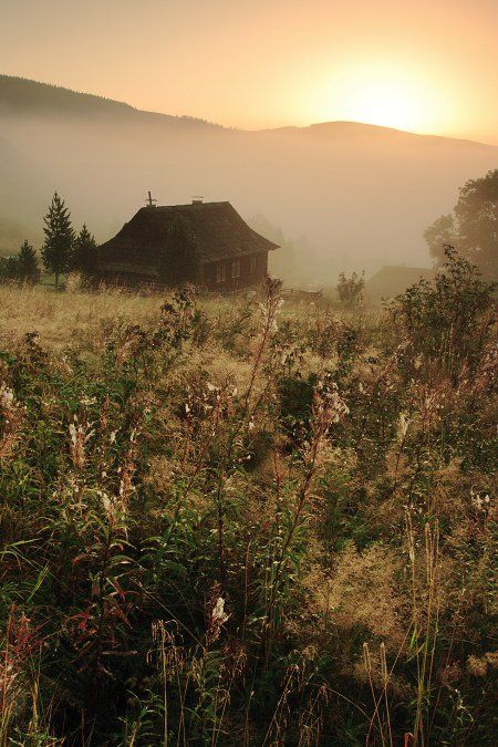 Romanian Village Aesthetic, Village Hut, Slavic Countryside, Polish Mountains, Slovak Aesthetic, Mountain Hut, Village House Aesthetic, Slovak Culture, Slavic Village