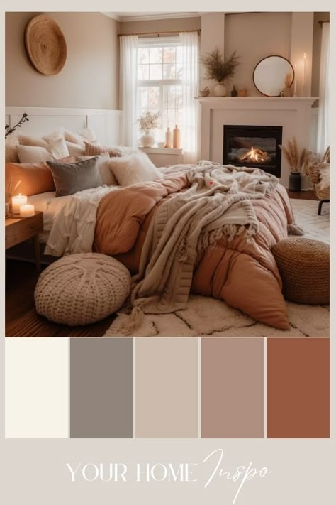 Different Color Bedroom Ideas, Styles Of Bedroom Decor, Cozy Color Schemes Bedroom Ideas, Dusty Bedroom Colors, Ochre Color Palette Bedrooms, Wood Room Ideas Bedrooms, Brown Room Color Schemes, Guest Bedroom Pop Of Color, Brown Oak Bedroom Ideas