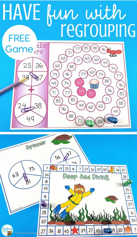 Make two digit addition with regrouping fun with games. #addition #additionwithregrouping Two Digit Addition With Regrouping, Two Digit Addition, 1st Grade Math Games, Place Value Blocks, Math Addition Games, Addition With Regrouping, Teaching Addition, Math Board Games, Subtraction Games