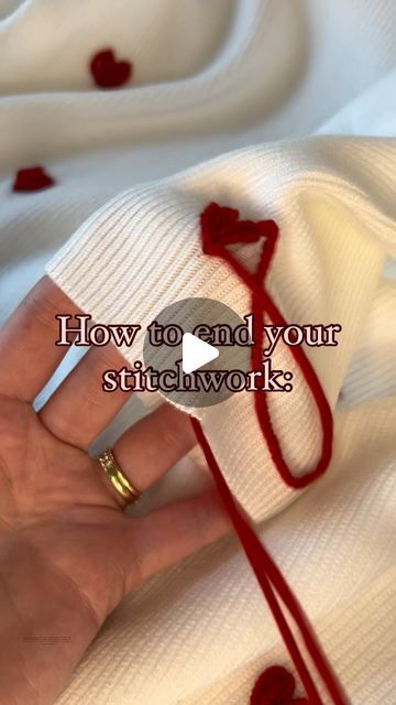 Knotty Bean Stitching Co • Hand-Embroidered Goods on Instagram: "Part 2: How to end your stitch work 🪡❤️ Weave the tail of your yarn into the back of your design a few times. Make sure it feels secure. Snip the excess yarn. You can iron an embroidery backing to prevent snagging & for extra security, but it’s usual not necessary in my opinion! #embroidery #handembroiderytutorial #heartsweater #valentinesDIY #embroideryDIY #reeltutorial #knottybeanco" How To End Stitch, How To End Embroidery Stitch, Embroidery Backing, Stitch Work, Hand Embroidery Tutorial, Heart Sweater, In My Opinion, What To Make, Valentines Diy