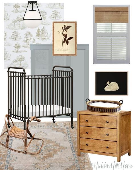 Sophisticated Gender Neutral Nursery, Vintage Twin Nursery, Iron Crib Nursery, Hobbit Room, 2023 Nursery, Antique Nursery Decor, Nursery Mood Board, Hidden Hills Home, Vintage Nursery Boy