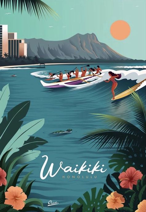 Waikiki Hawaii Beach, Hawaii Art Print, Art Plage, Surf Travel, Surf Vintage, Honolulu Waikiki, Hawaii Pictures, Room Decor Art, Hawaii Art