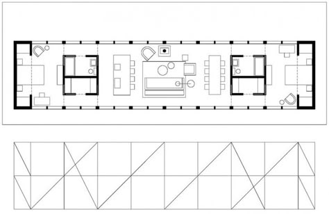 Sixteen Doors House by Incorporated Architecture House Forest, Narrow House Plans, Modern House Floor Plans, Contemporary Barn, Modern Floor Plans, Long House, Architectural Floor Plans, Narrow House, Floor Plan Layout