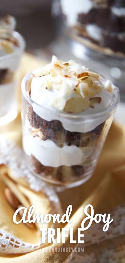 Almond Trifle, Single Serve Trifle Desserts, Almond Joy Trifle, Tipsy Laird Trifle, Brownie Truffle Bowl Trifle Desserts, Potluck Desserts, Trifle Desserts, Almond Joy, Trifle Recipe