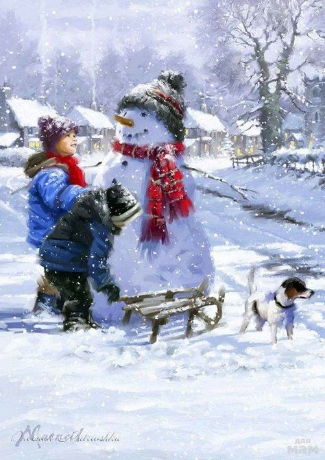 Making Snowman, Diy Outdoor Decor, Christmas Scenes, Arte Fantasy, Cute Snowman, Christmas Paintings, Christmas Pictures, Winter Scenes, Baby Clothes Shops