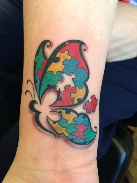 Puzzle Piece Butterfly Tattoo, Butterfly Puzzle Tattoo, Tattoos For Mothers, Dedication Tattoos, Awareness Tattoos, Sarah Tattoo, Disney Stitch Tattoo, Puzzle Tattoos, Sister Tattoo Designs